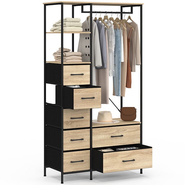 ID MARKET - Dressing penderie + colonne L. 90 cm UTAH avec 1 étagère et 7 bacs en tissu bois et noir - large
