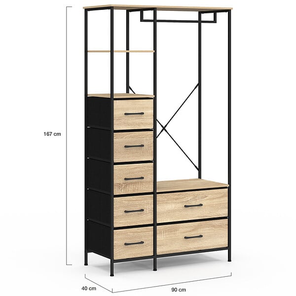 ID MARKET - Dressing penderie + colonne L. 90 cm UTAH avec 1 étagère et 7 bacs en tissu bois et noir - large