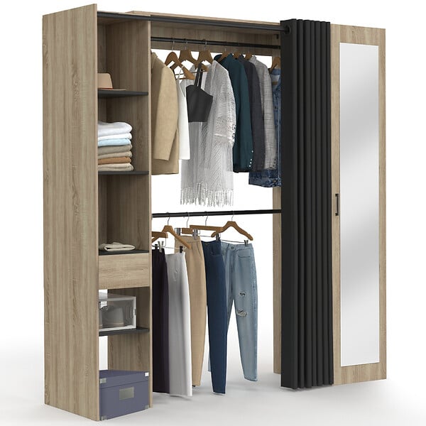 ID MARKET - Dressing extensible MERYL 145/170 x 50 x 180 cm hêtre avec étagères + double penderie + miroir + rideau noir - large