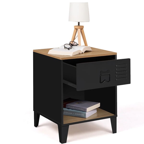 ID MARKET - Lot de 2 tables de chevet ESTER 1 tiroir métal noir avec niche et plateau façon hêtre design industriel - large