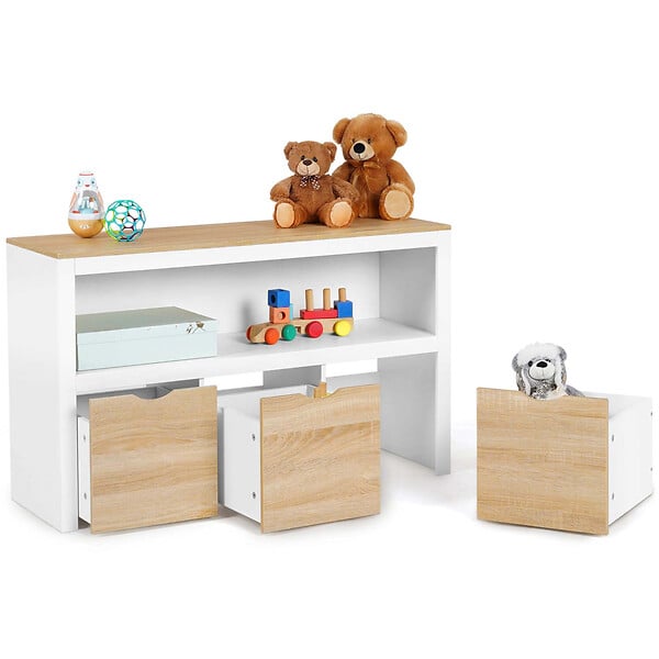 ID MARKET - Meuble de rangement enfant MANA en bois blanc et hêtre 3 tiroirs cubes sur roulettes - large