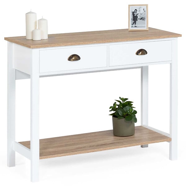 ID MARKET - Console 2 tiroirs campagne ISIS 1 étagère bois et blanc - large