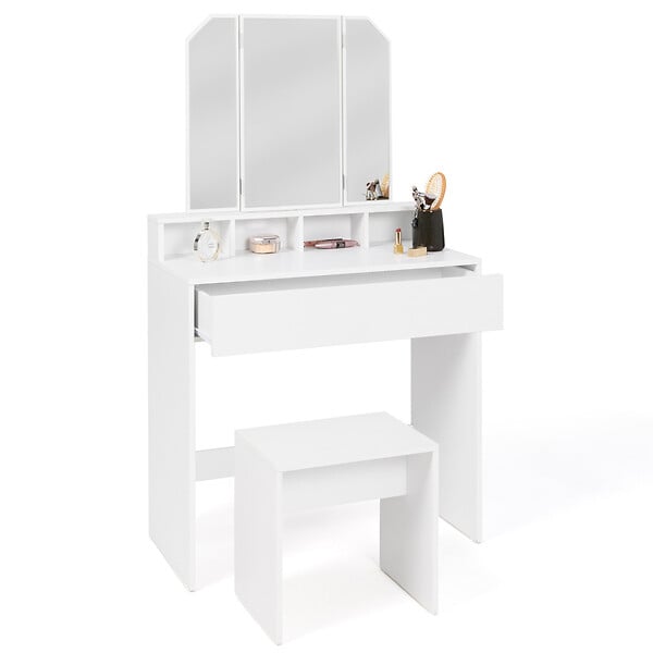 ID MARKET - Coiffeuse ZELIA 3 miroirs avec 4 niches, 1 tiroir et tabouret - large