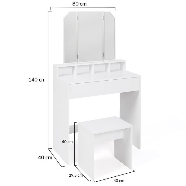 ID MARKET - Coiffeuse ZELIA 3 miroirs avec 4 niches, 1 tiroir et tabouret - large