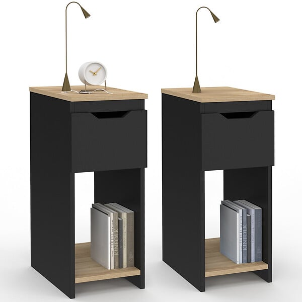 ID MARKET - Lot de 2 tables de chevet étroites ANOUK 1 tiroir avec niche noir et bois - large