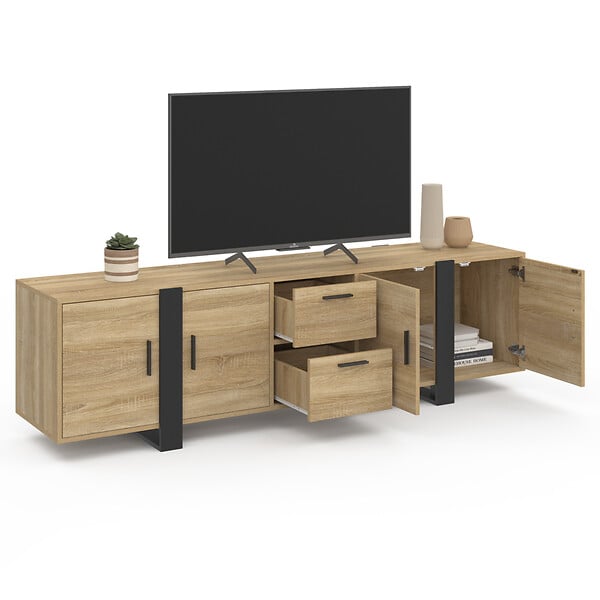 ID MARKET - Meuble TV 180 cm PHOENIX avec rangements bois et noir - large