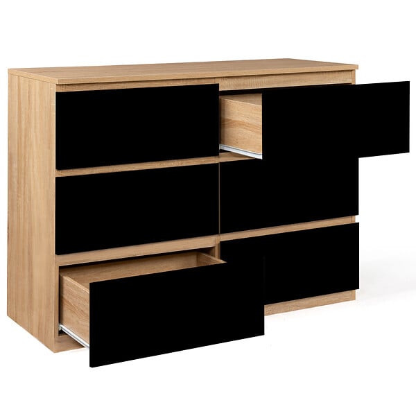 ID MARKET - Commode 6 tiroirs TOMI 110 cm bois façon hêtre et noir - large