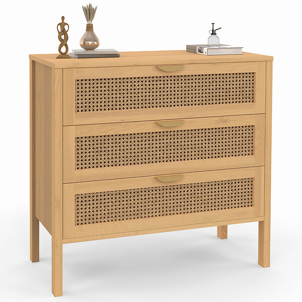 ID MARKET - Commode 3 tiroirs EDHEN 80 cm cannage coloris bois - large