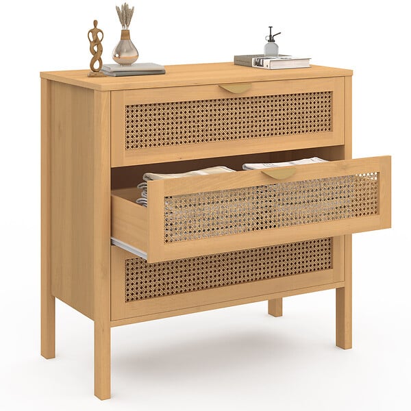 ID MARKET - Commode 3 tiroirs EDHEN 80 cm cannage coloris bois - large