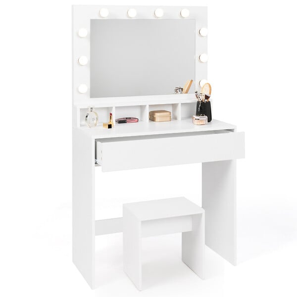 ID MARKET - Coiffeuse ZELIA miroir LED avec 4 niches, 1 tiroir et tabouret - large