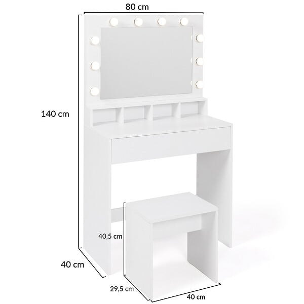 ID MARKET - Coiffeuse ZELIA miroir LED avec 4 niches, 1 tiroir et tabouret - large