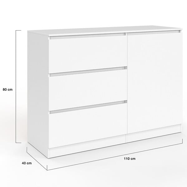 ID MARKET - Commode 3 tiroirs + 1 porte TOMI 110 cm bois blanc - large