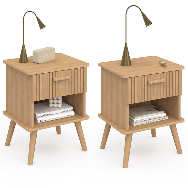 ID MARKET - Lot de 2 tables de chevet JULIETTE 1 tiroir avec niche effet lattes tasseau bois - large