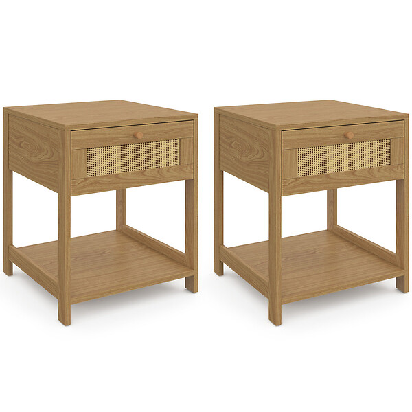 ID MARKET - Lot de 2 tables de chevet HANAE vintage 1 tiroir avec tablette effet naturel cannage - large