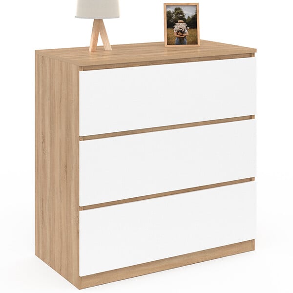 ID MARKET - Commode 3 tiroirs TOMI 78 cm façon hêtre et blanc - large