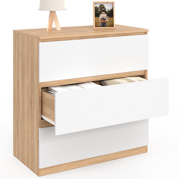 ID MARKET - Commode 3 tiroirs TOMI 78 cm façon hêtre et blanc - large