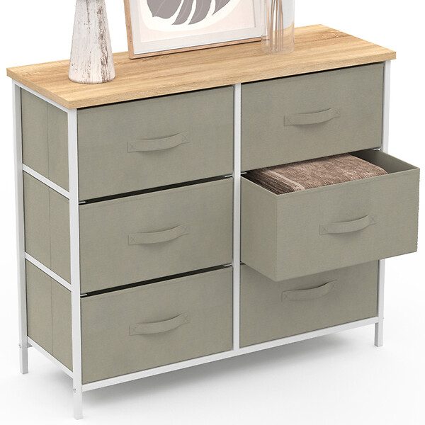 ID MARKET - Commode 6 tiroirs en tissu ALTA 80 cm gris clair et plateau effet bois design industriel - large
