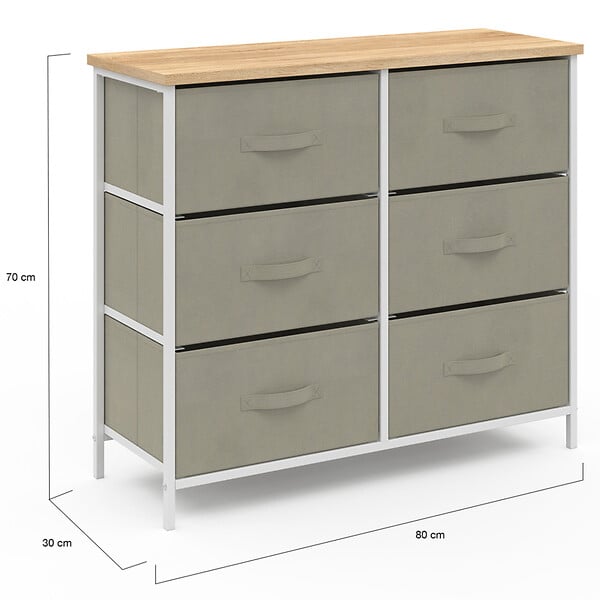 ID MARKET - Commode 6 tiroirs en tissu ALTA 80 cm gris clair et plateau effet bois design industriel - large