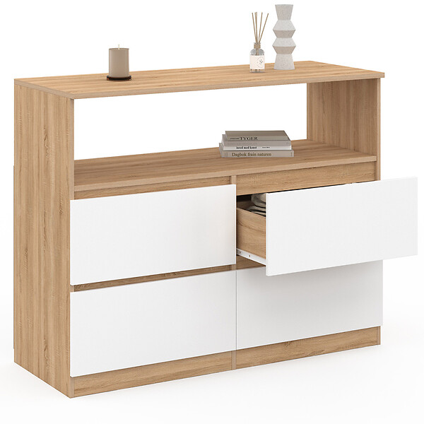 ID MARKET - Commode 4 tiroirs TOMI 100 cm avec niche façon hêtre et blanc - large