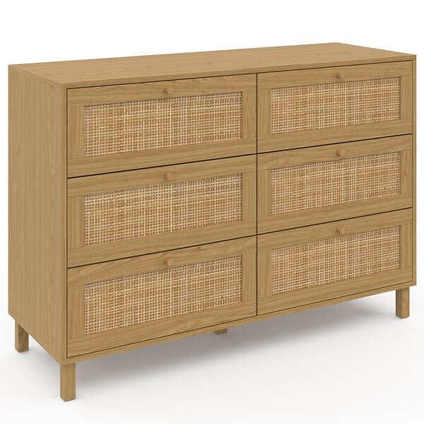 ID MARKET - Commode 6 tiroirs HANAE 115 cm effet naturel cannage - large