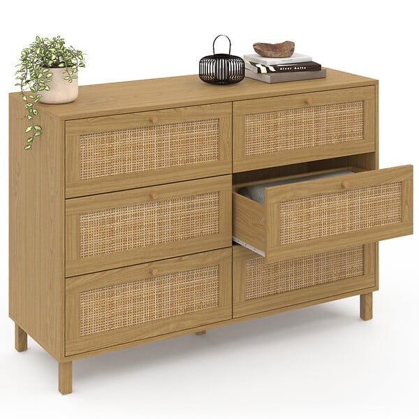 ID MARKET - Commode 6 tiroirs HANAE 115 cm effet naturel cannage - large