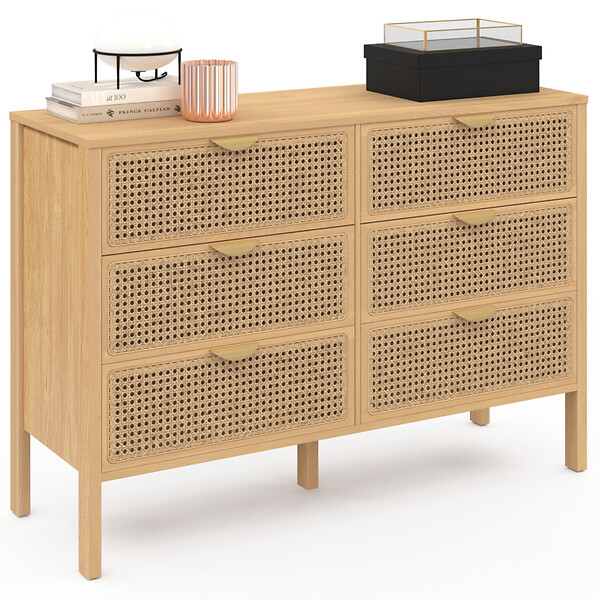 ID MARKET - Commode 6 tiroirs EDHEN 115 cm bois et cannage - large