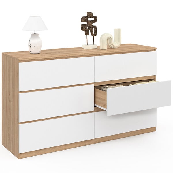 ID MARKET - Commode 6 tiroirs TOMI XXL 140 cm bois façon hêtre et blanc - large