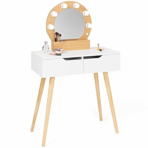 ID MARKET - Coiffeuse scandinave 2 tiroirs HORIA bois et blanc avec miroir LED - large