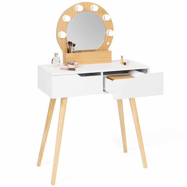 ID MARKET - Coiffeuse scandinave 2 tiroirs HORIA bois et blanc avec miroir LED - large