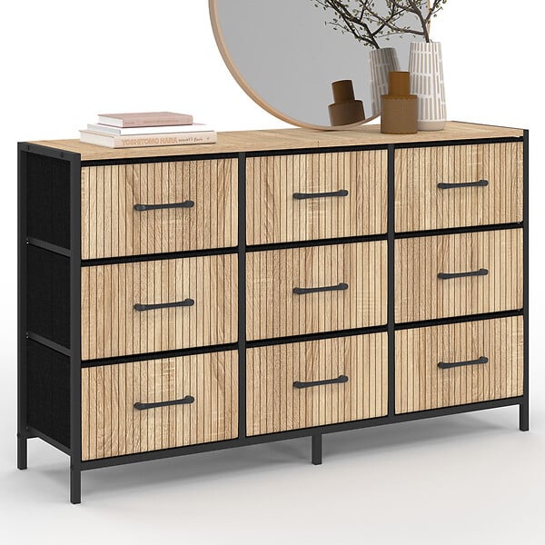 ID MARKET - Commode 9 tiroirs en tissu UTAH 115 CM effet lattes meuble de rangement design industriel - large
