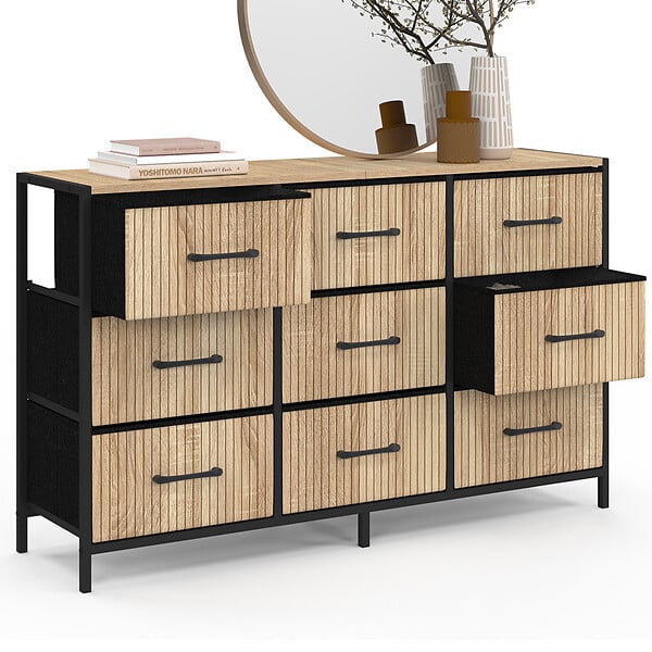 ID MARKET - Commode 9 tiroirs en tissu UTAH 115 CM effet lattes meuble de rangement design industriel - large