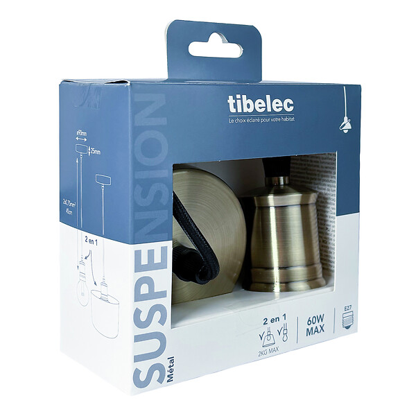 TIBELEC - Monture métal bronze E27 et fil tissu noir - large