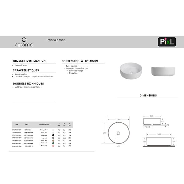 CERAMIA - Ceramia Vasque à poser ronde 36 cm hauteur 12,5 cm sans trop-plein blanc mat PixL (CEPX3636WM) - large