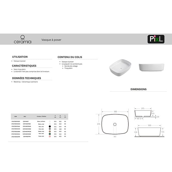 CERAMIA - Ceramia Vasque à poser rectangulaire 50 x 37,5 x 13,5 cm sans trop-plein rose mat PixL (CEPX4937PM) - large