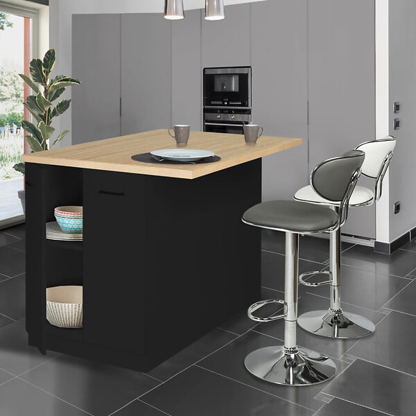 ID MARKET - Ilot central IVO 120 cm bois noir avec plan de travail façon hêtre - large