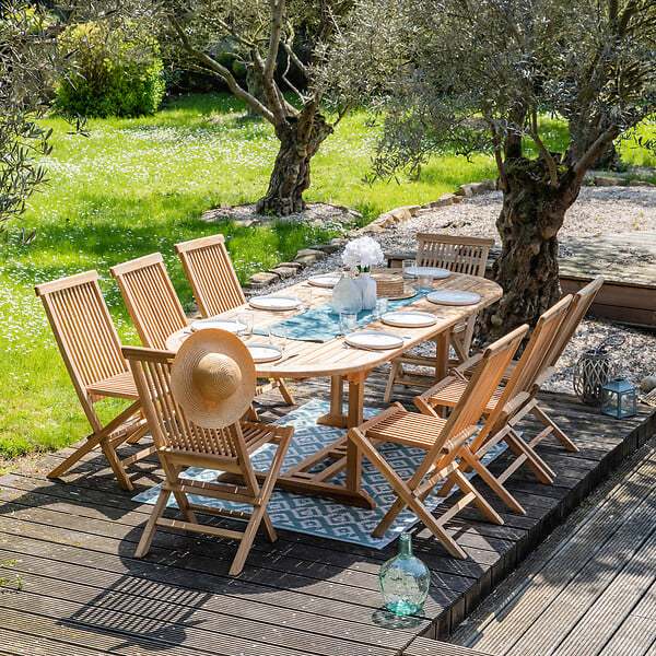 HAPPY GARDEN - Salon de jardin en teck LOMBOK - table ovale extensible - 8 places - large