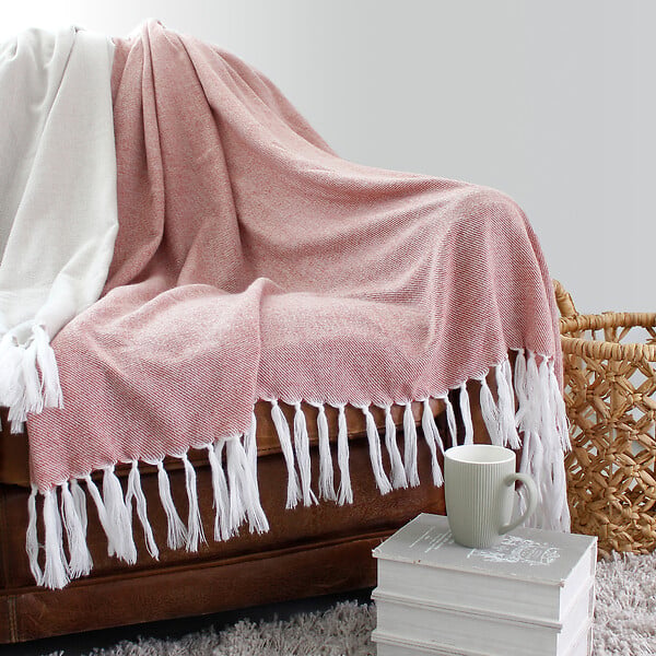 C MA DECO - Plaid jacquard avec franges - Rose - 130x150 cm - large