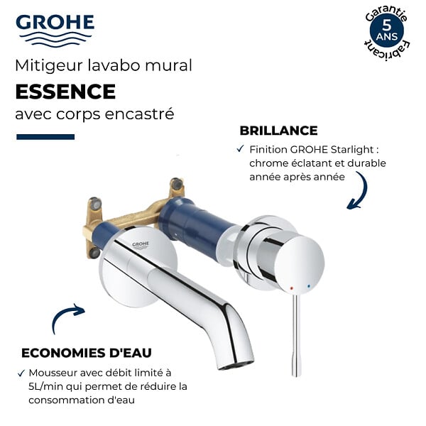GROHE - Mitigeur lavabo mural Essence Taille M chromé avec corps encastré - large