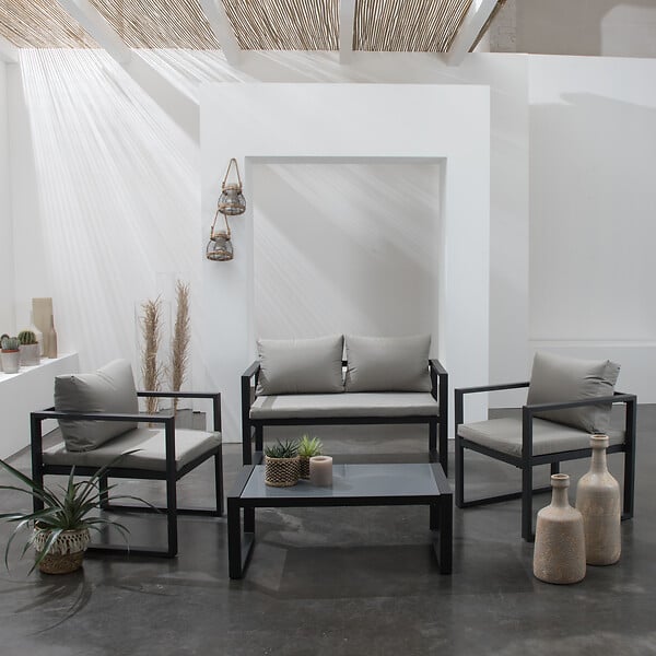 HAPPY GARDEN - Salon de jardin IBIZA en tissu gris 4 places - aluminium anthracite - large