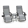 VOUNOT - Lot de 2 Chaise longue inclinable en textilene avec table d'appoint porte gobelet et portable gris - vignette