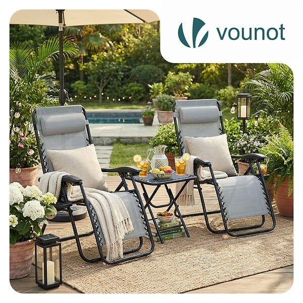 VOUNOT - Lot de 2 Chaise longue inclinable en textilene avec table d'appoint porte gobelet et portable gris - large
