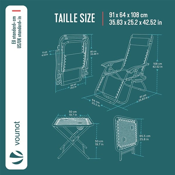 VOUNOT - Lot de 2 Chaise longue inclinable en textilene avec table d'appoint porte gobelet et portable gris - large