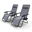 VOUNOT - Chaise longue inclinable en textilene avec porte gobelet et portable gris Lot de 2 - vignette