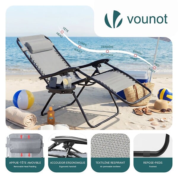 VOUNOT - Chaise longue inclinable en textilene avec porte gobelet et portable gris Lot de 2 - large
