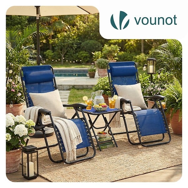 VOUNOT - Lot de 2 Chaise longue inclinable en textilene avec table d'appoint porte gobelet et portable bleu - large