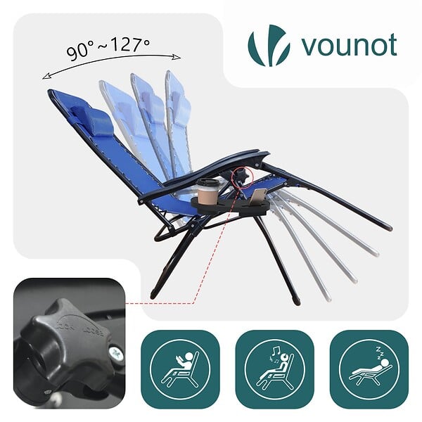 VOUNOT - Lot de 2 Chaise longue inclinable en textilene avec table d'appoint porte gobelet et portable bleu - large