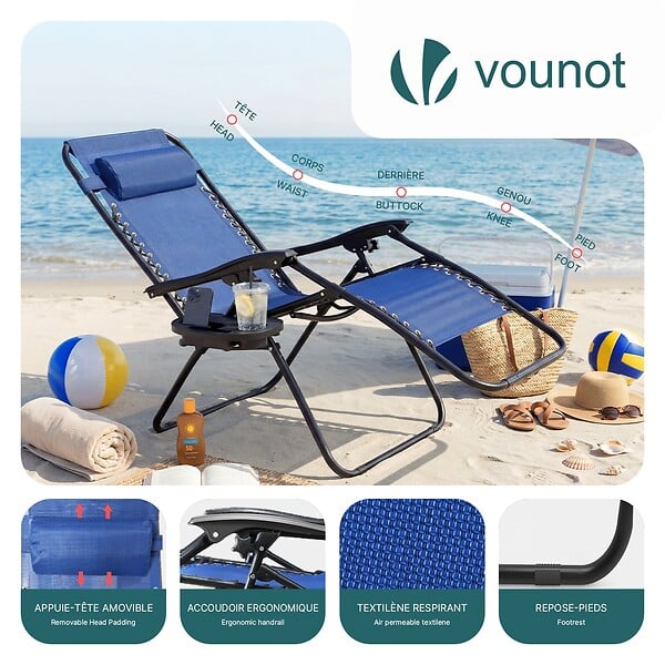 VOUNOT - Lot de 2 Chaise longue inclinable en textilene avec table d'appoint porte gobelet et portable bleu - large