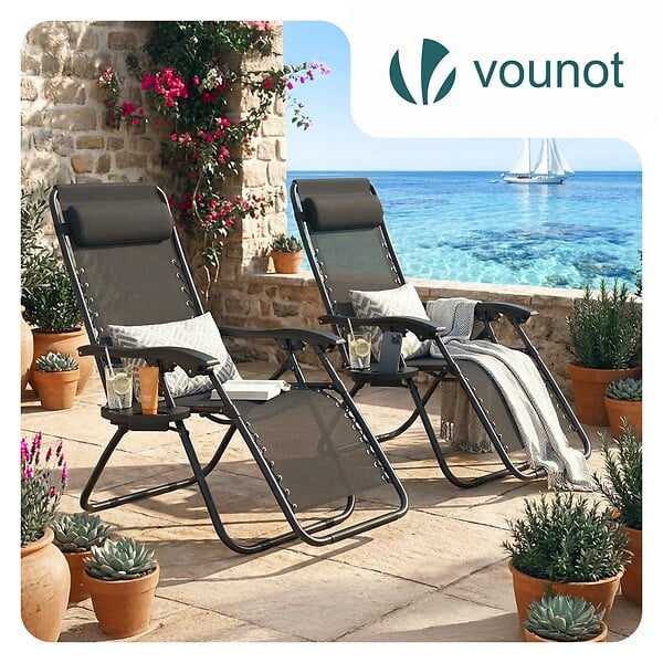 VOUNOT - Chaise Longue inclinable en testilene avec porte gobelet et portable Noir Lot de 2 - large