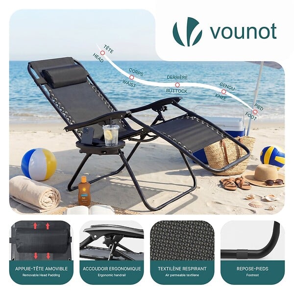 VOUNOT - Chaise Longue inclinable en testilene avec porte gobelet et portable Noir Lot de 2 - large