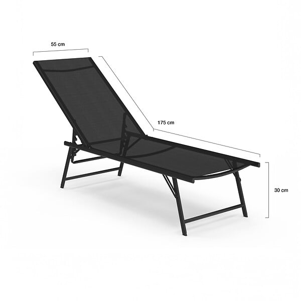 ID MARKET - Lot de 2 transats de jardin inclinables KAILUA en acier noir et toile noire - large